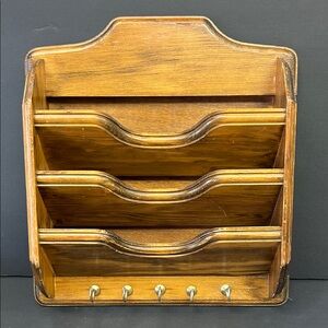 Vintage 1980’s  3 spot wooden wall letter /mail holder with 5 key hooks